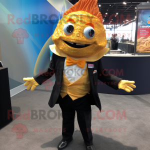 Gold Fish Tacos mascot costume character dressed with a Suit Jacket and Belts