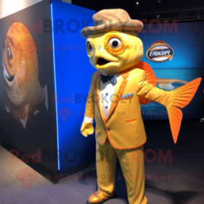 Gold Fish Tacos mascot costume character dressed with a Suit Jacket and Belts