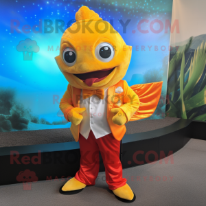 Gold Fish Tacos mascot costume character dressed with a Suit Jacket and Belts