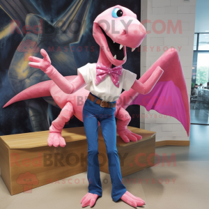 Pink Dimorphodon mascot costume character dressed with a Boyfriend Jeans and Bow ties