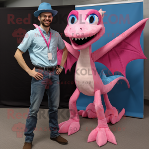 Pink Dimorphodon mascot costume character dressed with a Boyfriend Jeans and Bow ties