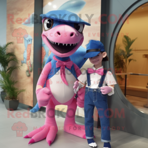 Pink Dimorphodon mascot costume character dressed with a Boyfriend Jeans and Bow ties