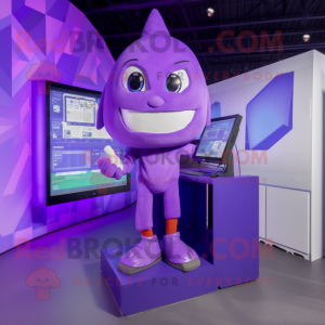 Purple Computer mascot costume character dressed with a V-Neck Tee and Suspenders