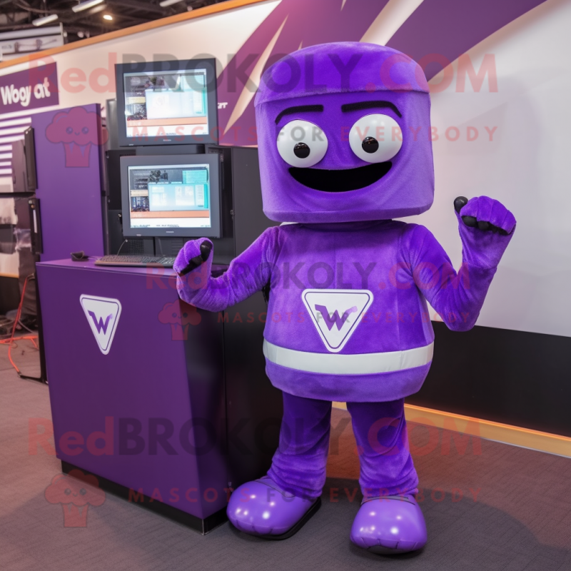 Purple Computer mascot costume character dressed with a V-Neck Tee and Suspenders Purple Computer mascot costume character dressed with a V-Neck Tee and Suspenders