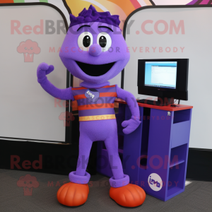 Purple Computer mascot costume character dressed with a V-Neck Tee and Suspenders