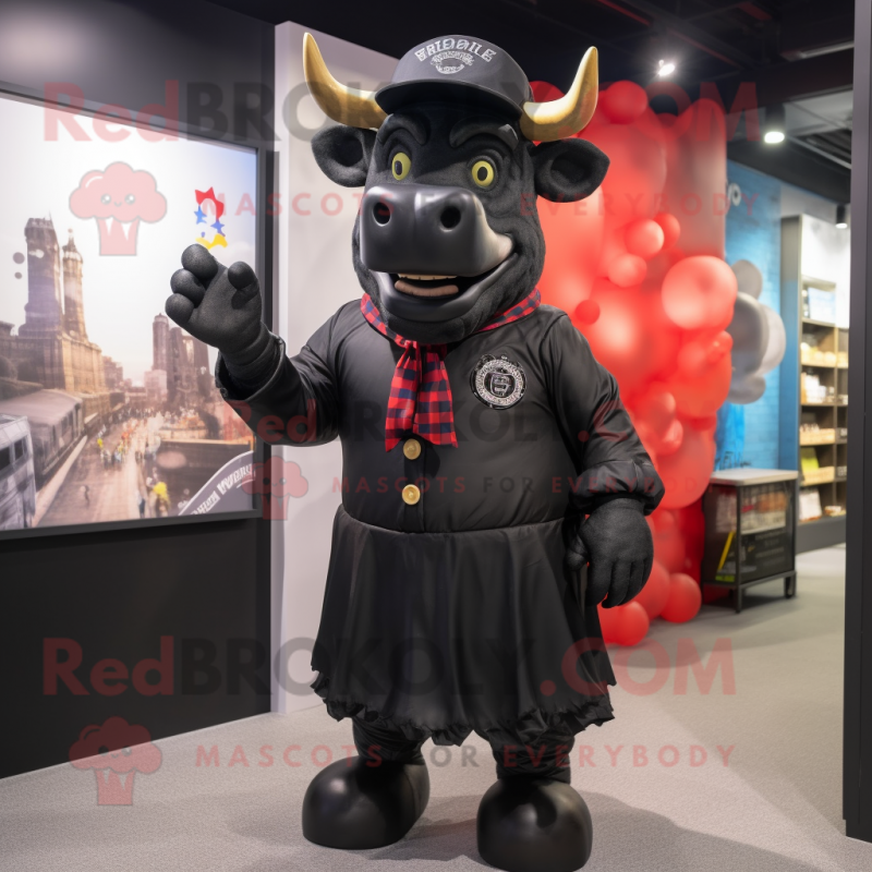 Black Bull mascot costume character dressed with a Button-Up Shirt and Berets