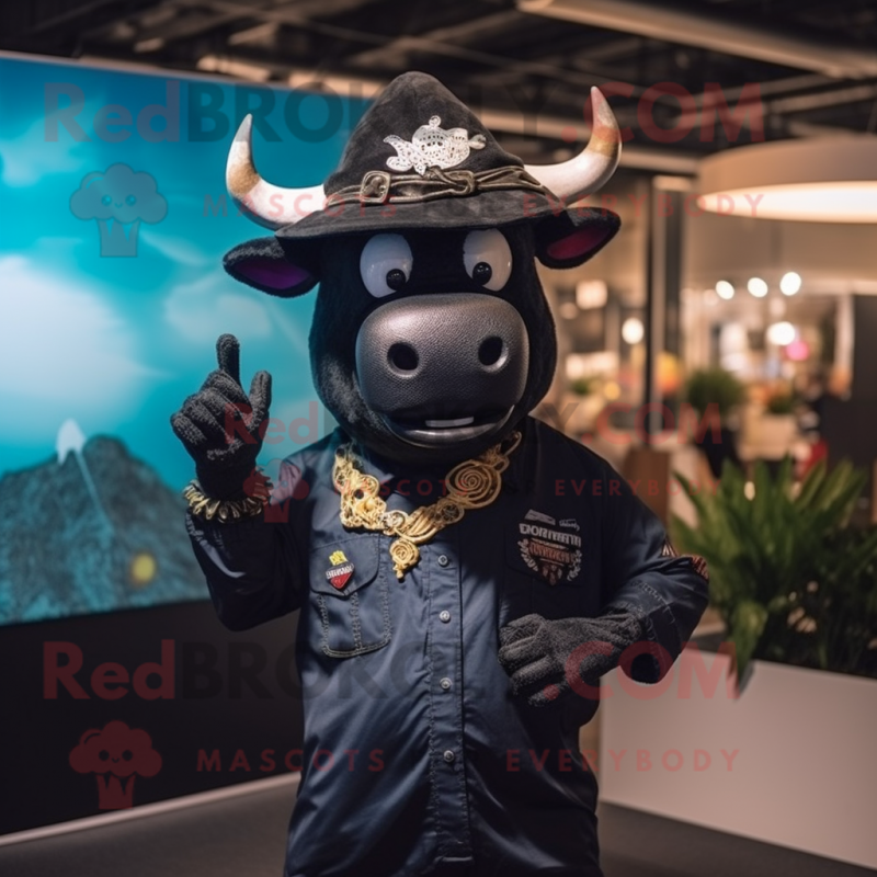 Black Bull mascot costume character dressed with a Button-Up Shirt and Berets Black Bull mascot costume character dressed with a Button-Up Shirt and Berets