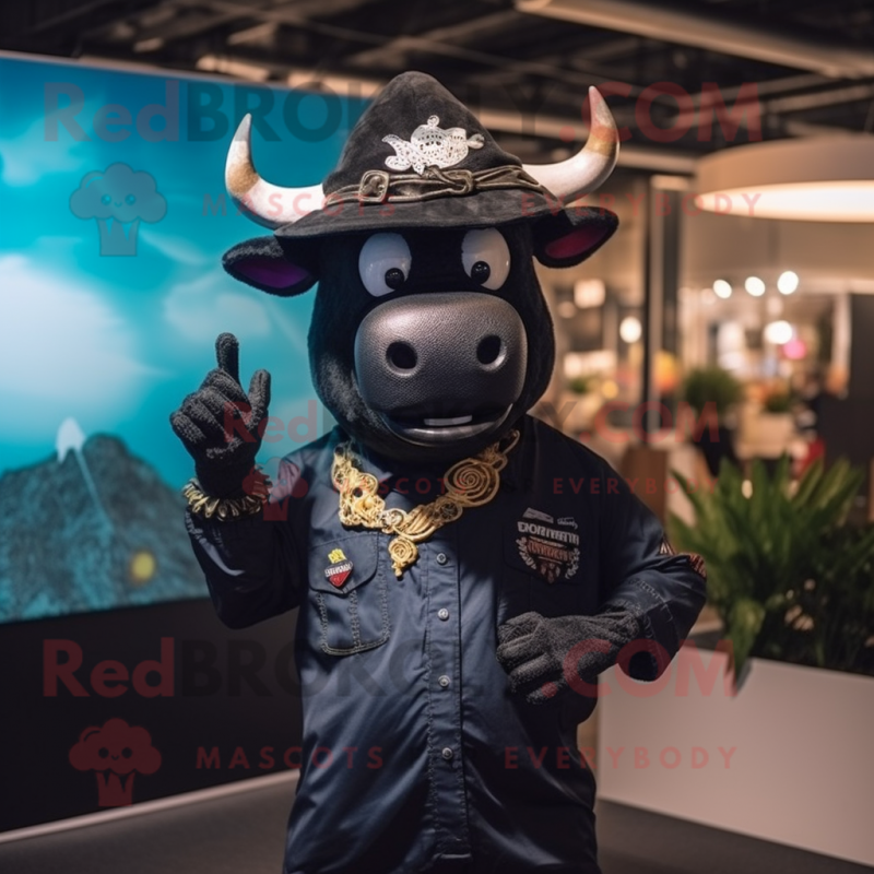 Black Bull mascot costume character dressed with a Button-Up Shirt and Berets