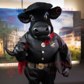 Black Bull mascot costume character dressed with a Button-Up Shirt and Berets