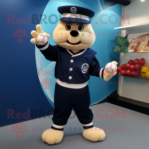 Navy Juggle mascot costume character dressed with a Henley Shirt and Gloves