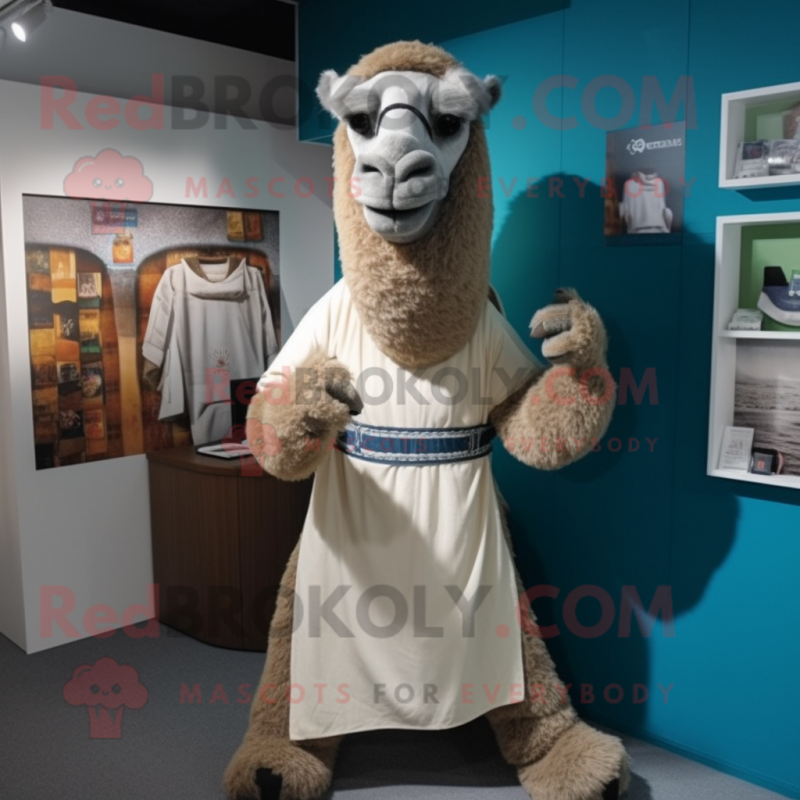 Gray Camel mascot costume character dressed with a Cardigan and Belts Gray Camel mascot costume character dressed with a Cardigan and Belts