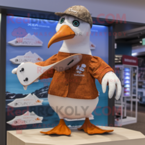 Rust Albatross mascot costume character dressed with a Board Shorts and Bow ties