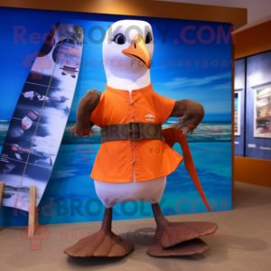 Rust Albatross mascot costume character dressed with a Board Shorts and Bow ties