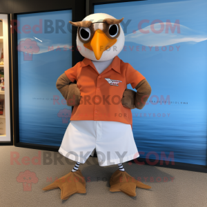 Rust Albatross mascot costume character dressed with a Board Shorts and Bow ties