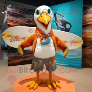 Rust Albatross mascot costume character dressed with a Board Shorts and Bow ties