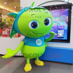 Lime Green Blue Whale mascot costume character dressed with a T-Shirt and Digital watches