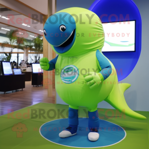 Lime Green Blue Whale mascot costume character dressed with a T-Shirt and Digital watches