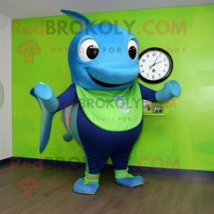 Lime Green Blue Whale mascot costume character dressed with a T-Shirt and Digital watches