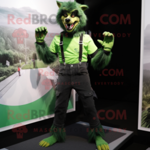 Green Werewolf mascot costume character dressed with a Skinny Jeans and Suspenders