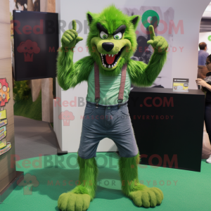 Green Werewolf mascot costume character dressed with a Skinny Jeans and Suspenders