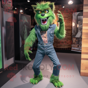 Green Werewolf mascot costume character dressed with a Skinny Jeans and Suspenders
