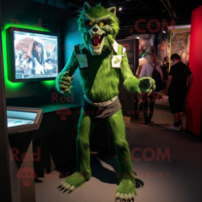 Green Werewolf mascot costume character dressed with a Skinny Jeans and Suspenders