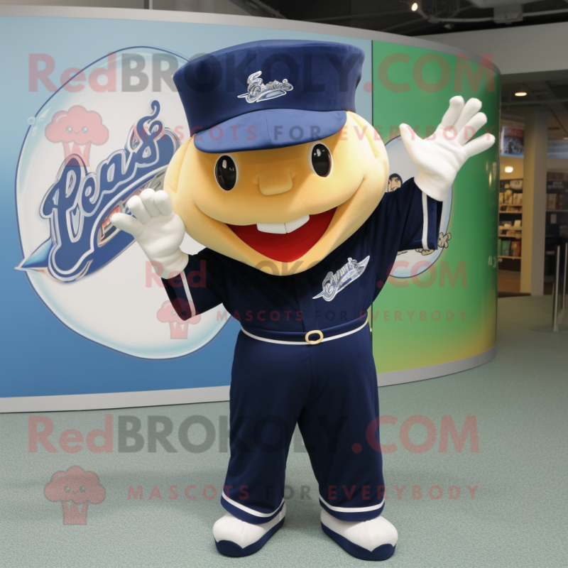 Navy Ray mascot costume character dressed with a Baseball Tee and Hat pins