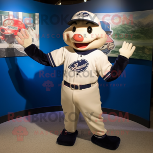 Navy Ray mascot costume character dressed with a Baseball Tee and Hat pins