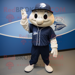 Navy Ray mascot costume character dressed with a Baseball Tee and Hat pins