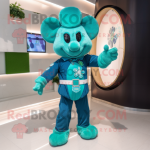 Turquoise Four Leaf Clover mascot costume character dressed with a Vest and Belts
