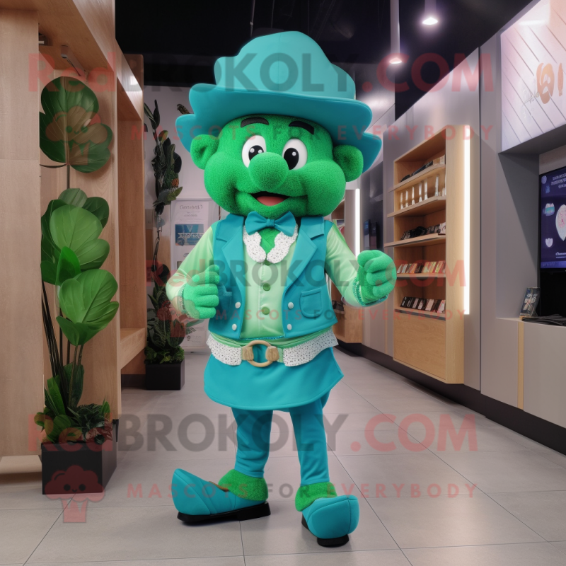 Turquoise Four Leaf Clover mascot costume character dressed with a Vest and Belts Turquoise Four Leaf Clover mascot costume character dressed with a Vest and Belts