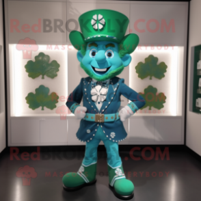 Turquoise Four Leaf Clover mascot costume character dressed with a Vest and Belts