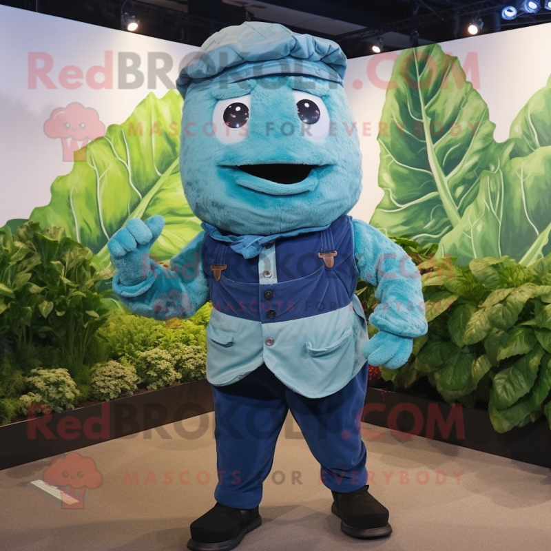 Blue Cabbage Leaf mascot costume character dressed with a Cargo Pants and Suspenders Blue Cabbage Leaf mascot costume character dressed with a Cargo Pants and Suspenders