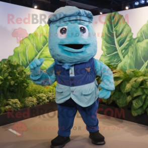 Blue Cabbage Leaf mascot costume character dressed with a Cargo Pants and Suspenders