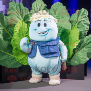 Blue Cabbage Leaf mascot costume character dressed with a Cargo Pants and Suspenders