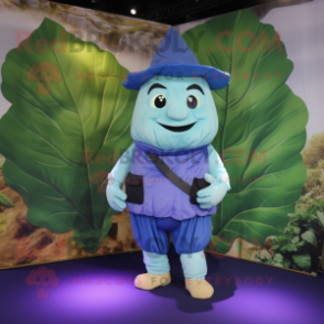 Blue Cabbage Leaf mascot costume character dressed with a Cargo Pants and Suspenders