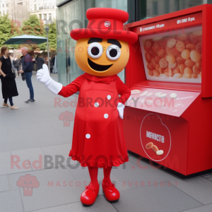 Red Currywurst mascot costume character dressed with a Skirt and Cufflinks