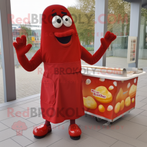 Red Currywurst mascot costume character dressed with a Skirt and Cufflinks