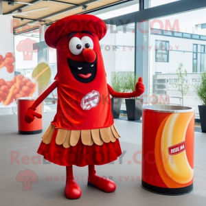 Red Currywurst mascot costume character dressed with a Skirt and Cufflinks