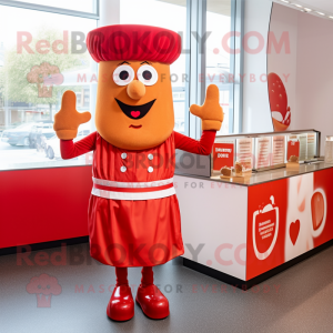 Red Currywurst mascot costume character dressed with a Skirt and Cufflinks