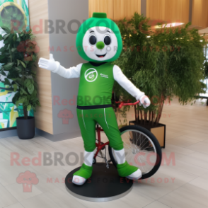 Forest Green Unicyclist mascot costume character dressed with a Romper and Anklets