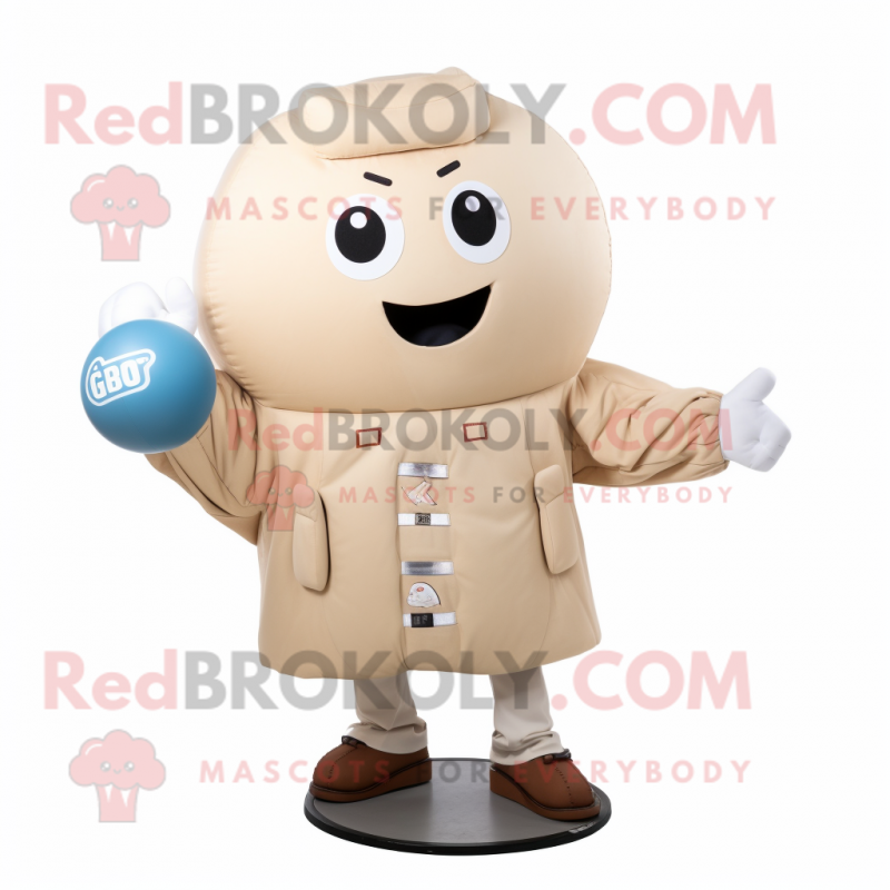 Beige Human Cannon Ball mascot costume character dressed with a Jacket and Brooches