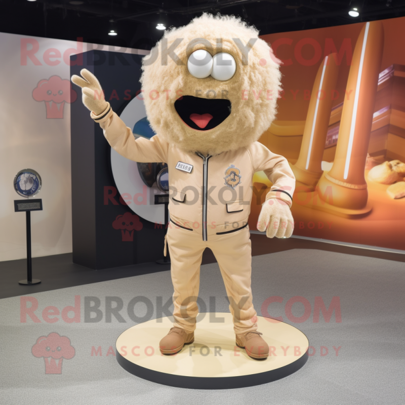 Beige Human Cannon Ball mascot costume character dressed with a Jacket and Brooches