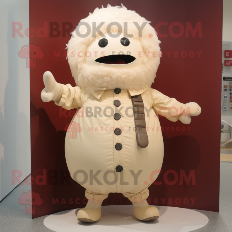 Beige Human Cannon Ball mascot costume character dressed with a Jacket and Brooches Beige Human Cannon Ball mascot costume character dressed with a Jacket and Brooches