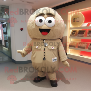 Beige Human Cannon Ball mascot costume character dressed with a Jacket and Brooches