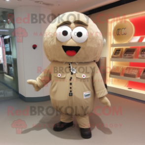 Beige Human Cannon Ball mascot costume character dressed with a Jacket and Brooches