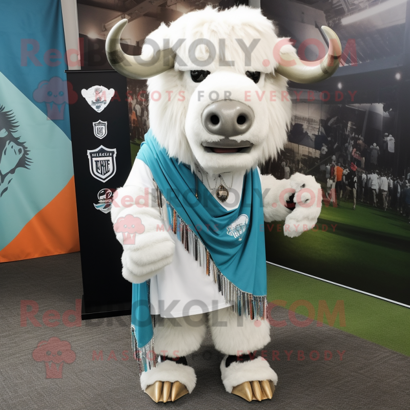 White Buffalo mascot costume character dressed with a Bermuda Shorts and Scarves