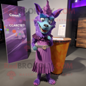 Purple Chupacabra mascot costume character dressed with a Cocktail Dress and Scarf clips