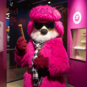 Magenta Bagpipe mascot costume character dressed with a Parka and Sunglasses