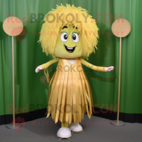 Gold Celery mascot costume character dressed with a Circle Skirt and Hair clips